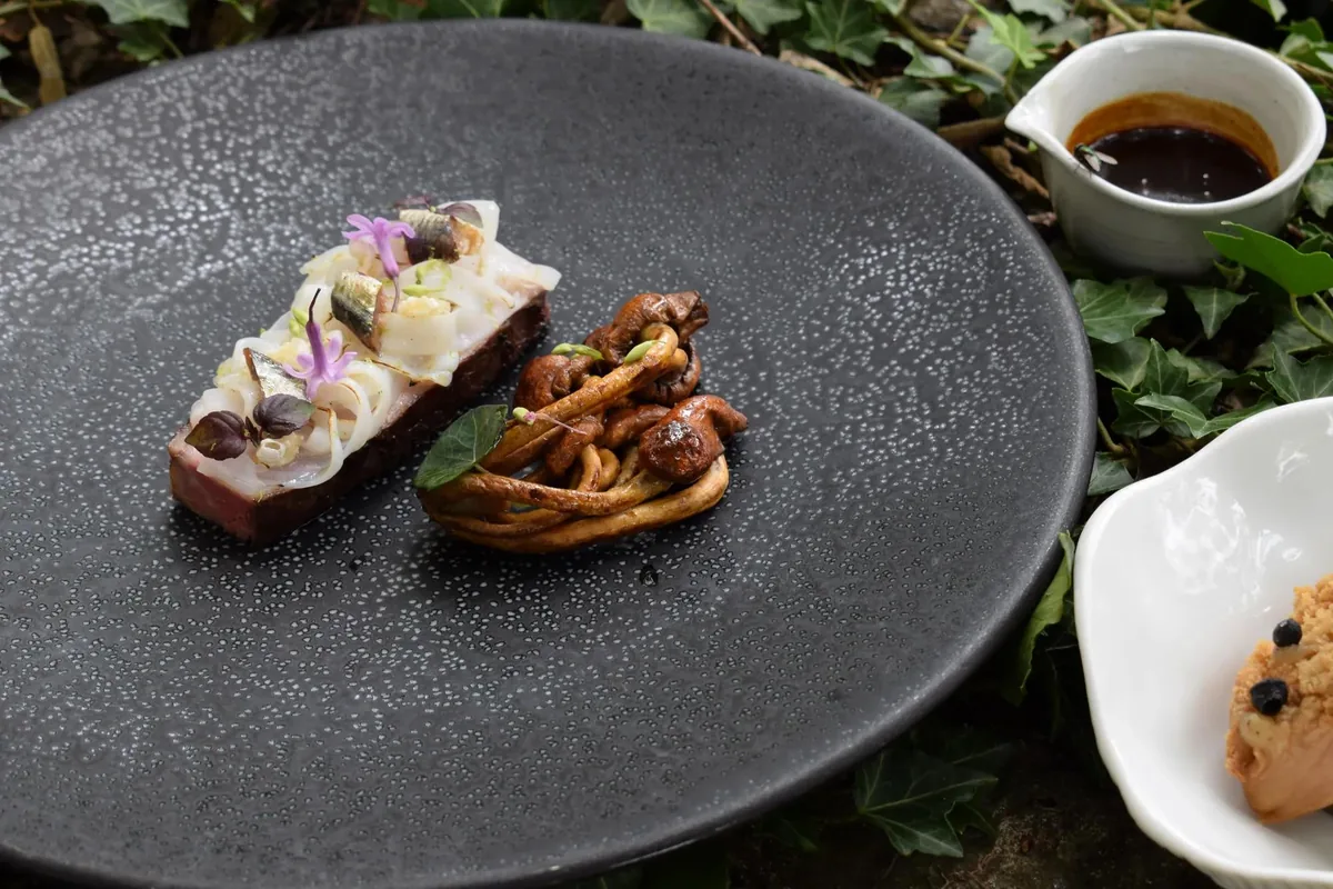 Plat dressé sur assiette noire, champignons et herbes
